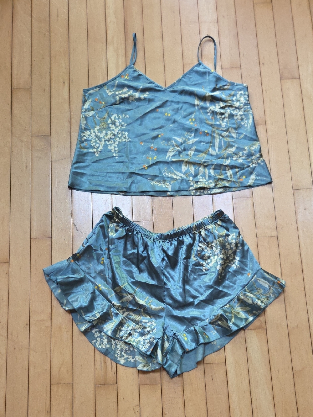 Silk-Feel Floral Camisole & Short Sleep Set - Teal